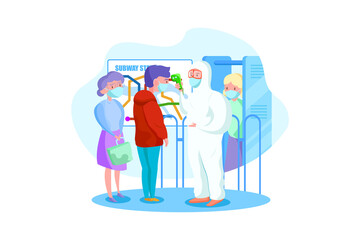 Specialist in hazmat suit checking passengers temperature at subway station.