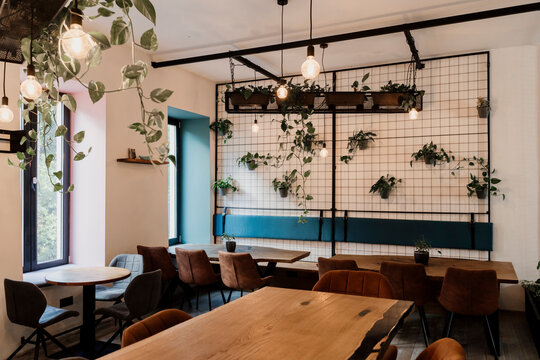 View of a stylish cafeteria with empty tables