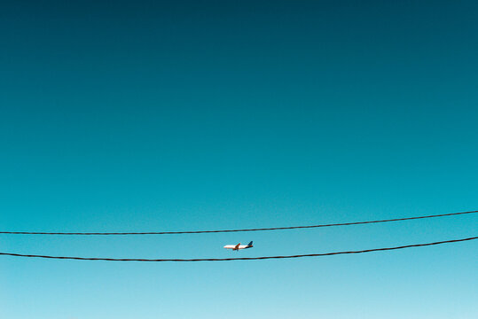 An airplane flying between cables.
