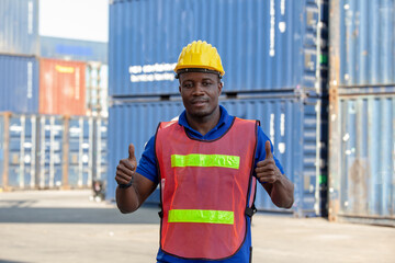 worker thumbs up sucess working.  workers prepare export products. Container Shipping Logistics Engineering of Import Export Transportation Industry