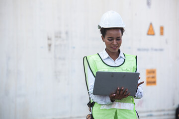 workers checking Containers box from Cargo freight ship on computer for import export. cargo container ship concept. Container Shipping Logistics Engineering of Import Export Transportation Industry