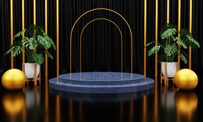 Fototapeta premium luxury blue Marble circle, block, square podium cube green leaves in black marble background