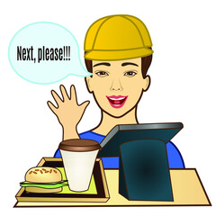the seller man in the diner sold a hamburger and a drink and waves his hand, showing that the cash desk is free, color clip art on a white isolated background