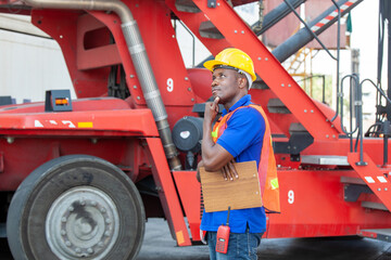 Portrait of happy man at cargo container. Young worker man with doc in the construction container yard