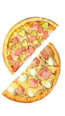 Pizza, two halves isolated on a white background. Versus concept. Appetizing pizza.