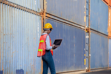 woman working with laptop in cargo container. Containers box from Cargo freight ship for import export. Business logistic concept, Import and export concept