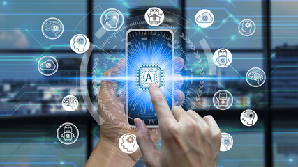 Touch Artificial Intelligence (AI) technology icon over the Network connection, Artificial Intelligence Technology Concept