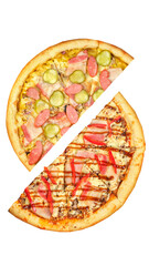 Pizza, two halves isolated on a white background. Versus concept. Appetizing pizza.
