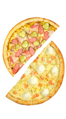 Pizza, two halves isolated on a white background. Versus concept. Appetizing pizza.