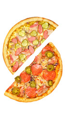 Pizza, two halves isolated on a white background. Versus concept. Appetizing pizza.
