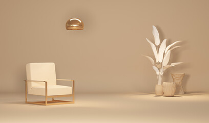 Interior of the room in plain monochrome beige color with furnitures and room accessories. Light background with copy space. 3D rendering for web page, presentation or picture frame backgrounds.