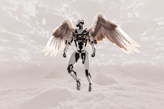 Futuristic Robot With Feathered Wings Hovering Over Cloudscape