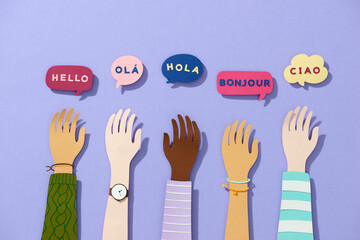 Group of Raised arms with speech box in different languages