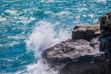Sea waves of dark water beat against the coastal rocks. An infinite number of splashes, drops of water and white foam are scattered.