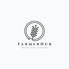 Minimalist line art of wheat stalk and digital connection line vector illustration logo design