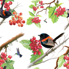 Birds on berry branch seamless pattern on white background