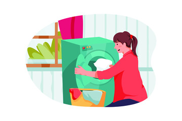 The cleaning woman bringing clothes to the washing machine. 