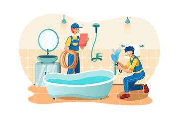 Plumbers are fixing the water pipes of the bathtub.