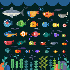 Underwater life with sea animals in flat style vector illustrator, Vector flat illustrations and icon set, Set of flat sealife elements plants, Vector flat seamless texture pattern Ocean underwater  
