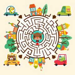 Cartoon map with city road and building, Education and funny maze game, The animals find their way to their friends in maze, vector illustration