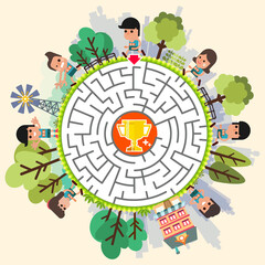 Maze game template with  puzzle game for children run to the city, find their way to the Trophies, Funny maze for children, illustrator vector