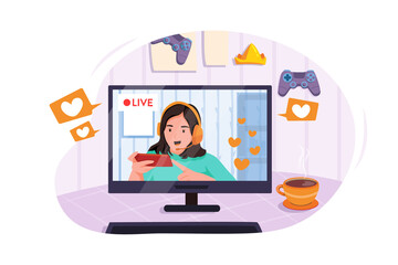 Young asian internet celebrity gamer girl introduce online mobile game to fans with smart phone and having live stream.