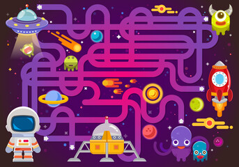 Maze games find the path for astronaut with space and spaceship theme collection, Space scenes, fun educational, Space theme maze puzzle for children, Space maze puzzle games for book print, apps