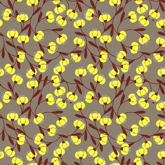 Beautiful seamless pattern with simple yellow abstract flowers and burgundy leaves.Vector floral ornament on gray background.For textiles,fabrics,wallpapers,wrapping papers.