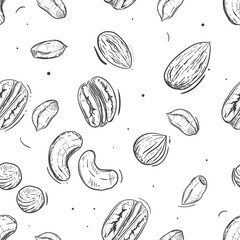 Hand drawn seamless pattern black and white of nuts, peanuts, almonds, pecans, cashews, hazelnuts. Vector illustration. Elements in graphic style label, sticker, menu, package.