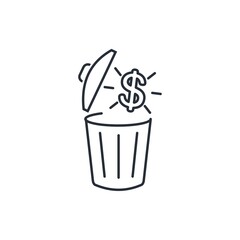 Trash can and dollar. Discarded money. Wasted additional costs. Unjustified risk. Vector linear icon illustration isolated on white background.