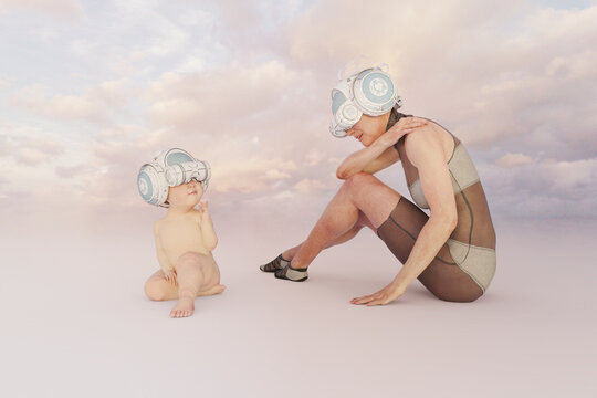Baby wearing futuristic Virtual Reality helmet with mother