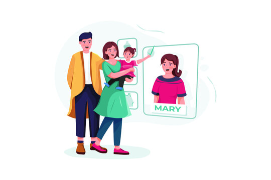 Family couple with baby choosing nanny online. 