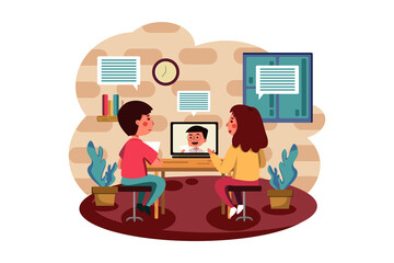 Students learning and discussing with online teacher. 