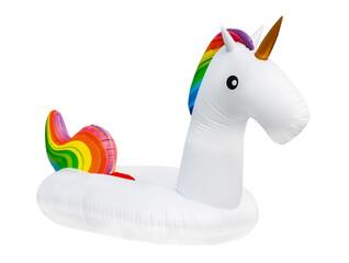 inflatable raft or swimming circle rainbow unicorn isolated on white background © Marina Shvedak