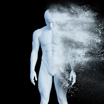 African american male physique rendered in white disappearing in an explosion of powder