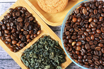 Coffee beans and green tea