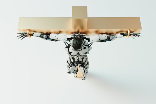 Technology crucifiction, robot on golden cross