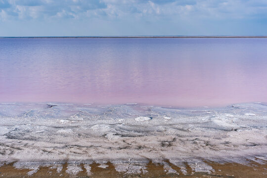 Amazing landscape of salt lake with pink water