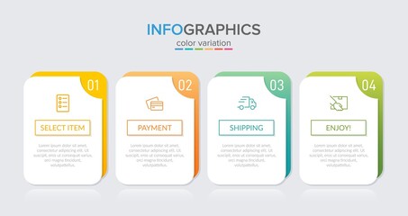 Concept of shopping process with 4 successive steps. Four colorful graphic elements. Timeline design for brochure, presentation, web site. Infographic design layout.