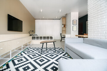 Living room and bedroom with TV in a loft design apartment