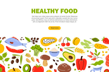 Baner, flyer with products, healthy food. Fruits, vegetables and nuts. Cartoon flat vector illustration isolated on white background.