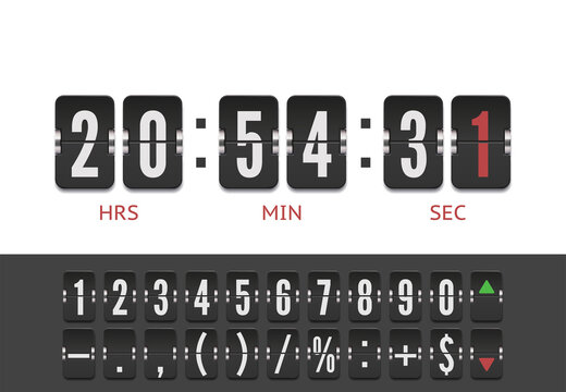 Retro design score board clock template. Scoreboard number font with shadows isolated on transparent background. Vector modern ui design of old time meter with numbers.