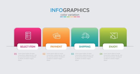 Concept of shopping process with 4 successive steps. Four colorful graphic elements. Timeline design for brochure, presentation, web site. Infographic design layout.