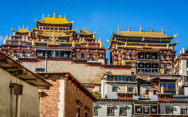 Main buildings of Ganden Sumtseling monastery colorful scenic view over clear blue sky Shangri-La Yunnan China