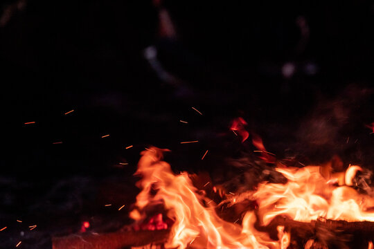 Closeup of fire burning at night