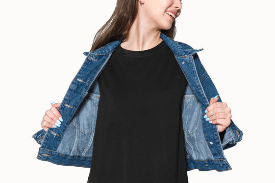 Girl Dressed in Dark Blue Jacket, T-shirt and Jeans Stock Photo - Image of  blazer, jacket: 39374152