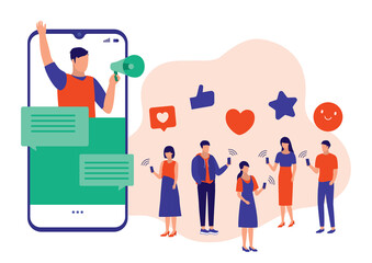Man Making Special Announcement With Megaphone Loudspeaker. Social Media Marketing Concept. Vector Flat Cartoon Illustration. Group Of People Interacting With A Social Media Content.