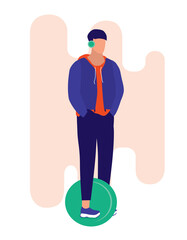 Man Riding On Electric Unicycle. Eco-Friendly Transportation Concept. Vector Flat Cartoon Illustration. Young Man Enjoy Listening To Music While Riding Electric Self Balancing Unicycle.