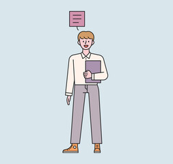 A male student is standing with a notebook. There is a speech bubble above the boy's head and he is speaking. flat design style minimal vector illustration.
