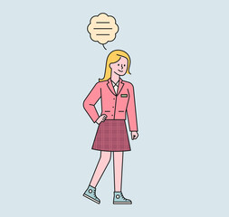 A schoolgirl is walking. There is a speech bubble above her girl's head and she is talking. flat design style minimal vector illustration.